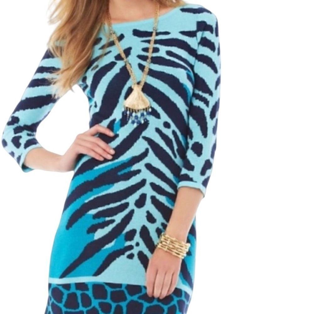 Lilly Pulitzer POLLY SWEATER SHIFT DRESS BLUE WILD ANIMAL STRIPE JACQUARD Dress